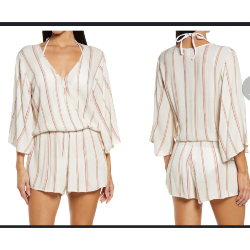 ELAN white Stripe Cover-Up Romper wrap top ‎ small